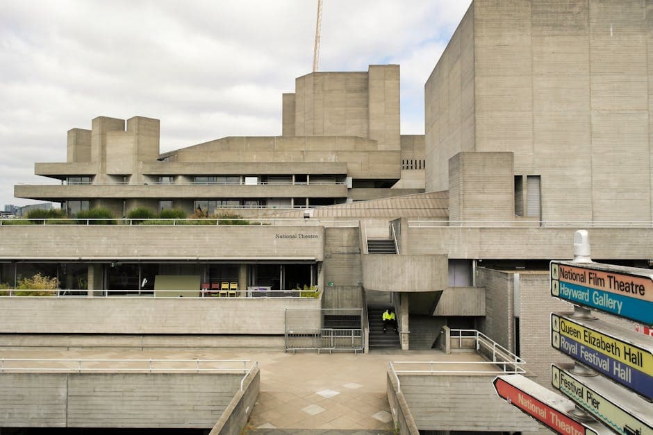 Exterior view of the iconic Brutalist National Theatre in London highlighting its unique modern architecture.
